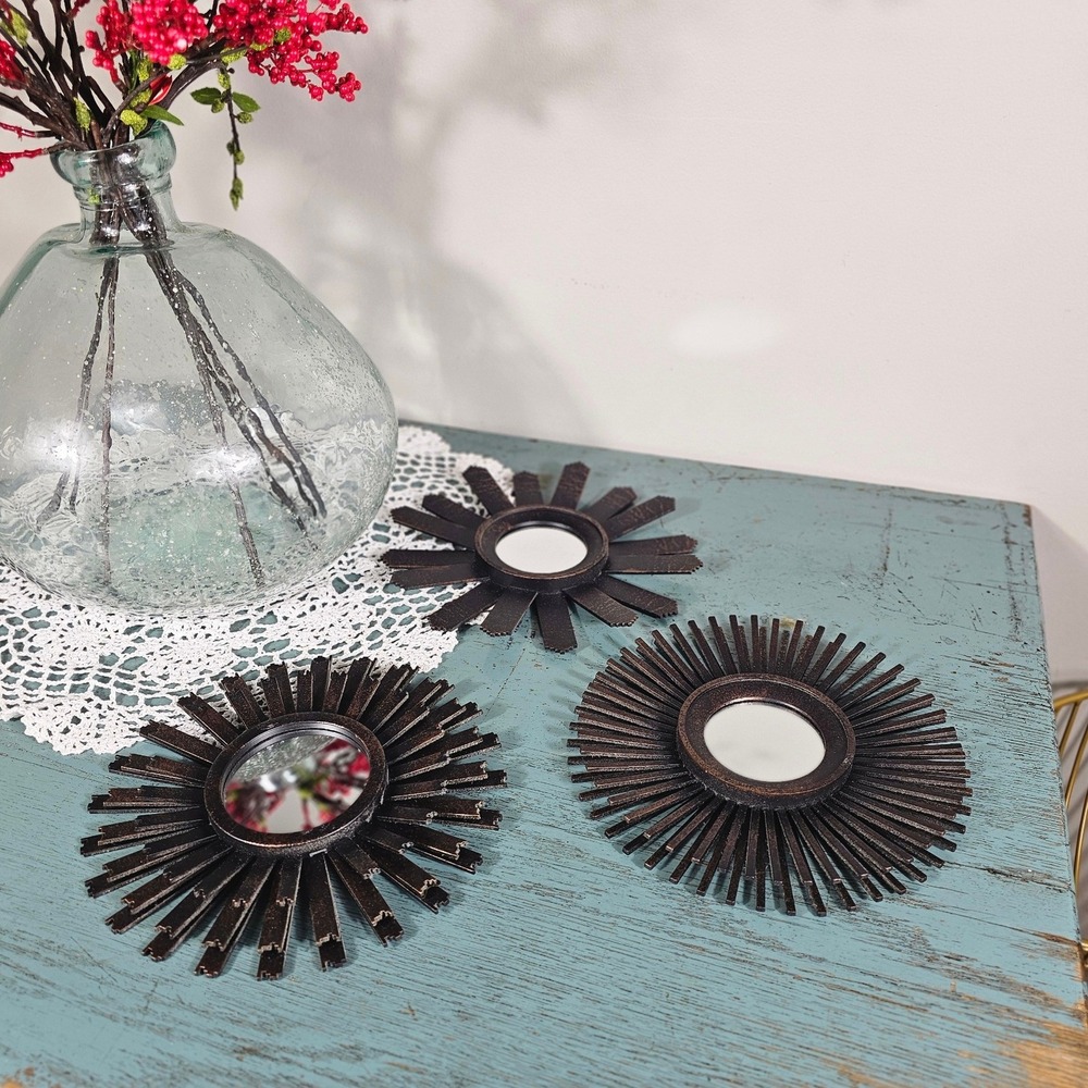 Set of 3 Sunburst Wall Mirrors Bronze Distressed Plastic Round Accent Decor Trio